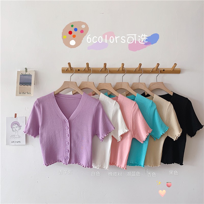 Áo Croptop Dệt Kim Ngắn Tay Phối Ren Xinh Xắn Cho Nữ