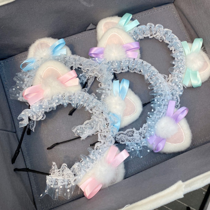 Băng Đô Nơ Tai Mèo Bông Chấm Bi Phong Cách Lolita Hàn Quốc Ngọt Ngào Hóa Trang