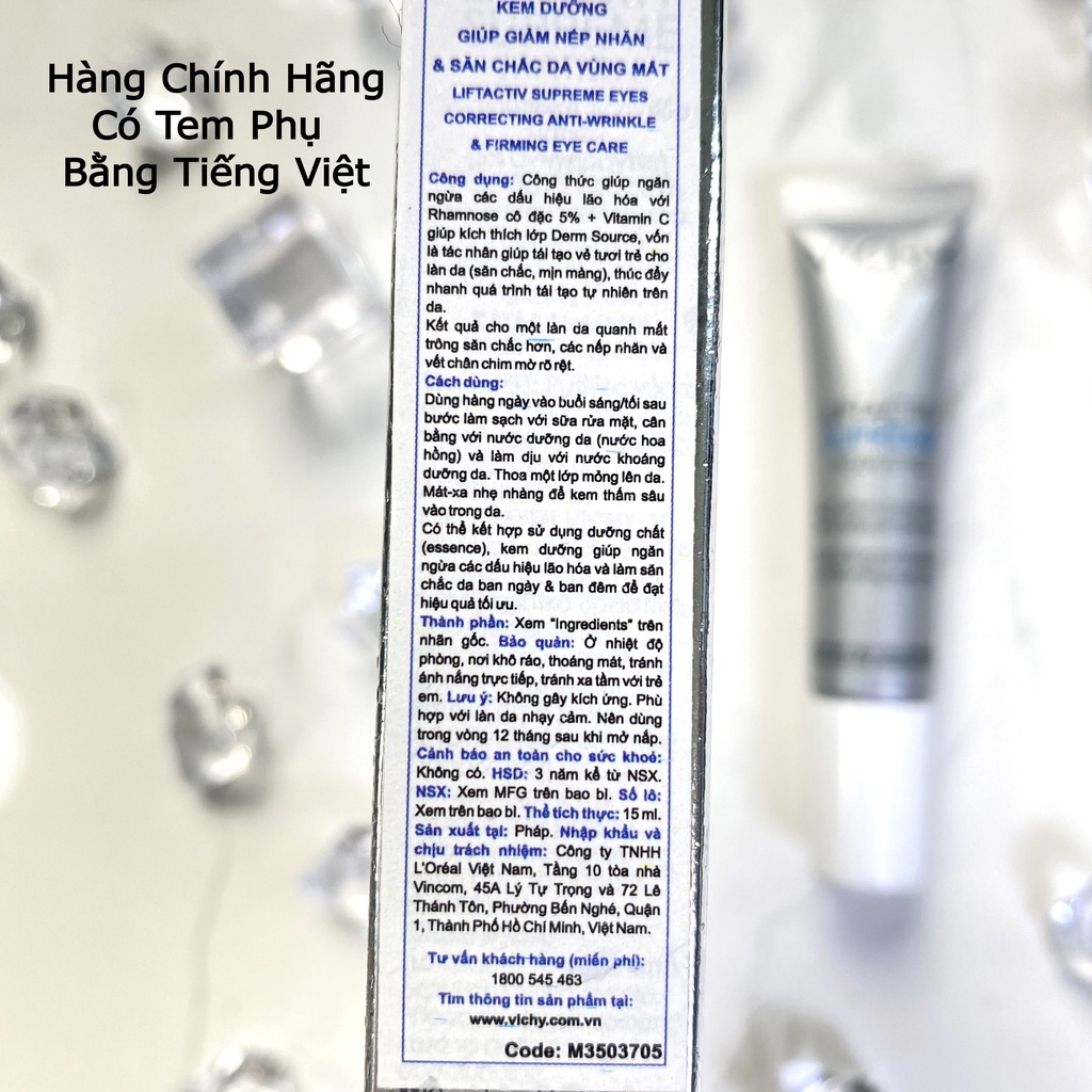 Kem Dưỡng Giúp Giảm Nếp Nhăn &amp; Săn Chắc Da Vùng Mắt Vichy LiftActiv Eyes Supreme Global Anti-Wrinkle &amp; Firming Care 15ml