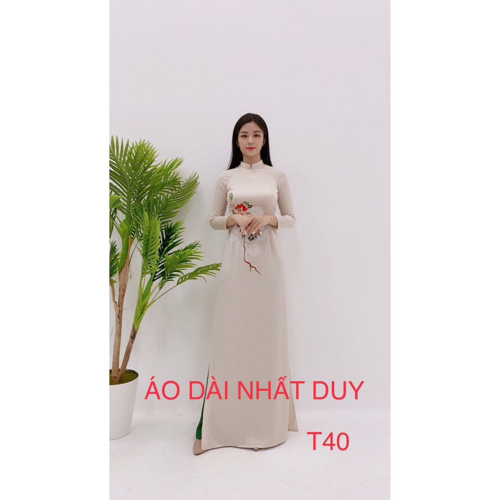 ÁO DÀI THÊU, ÁO DÀI TRUYỀN THỐNG. CHẤT VẢI LUA TÔ CHÂU CAO CẤP MÀU KEM -MÃ T40
