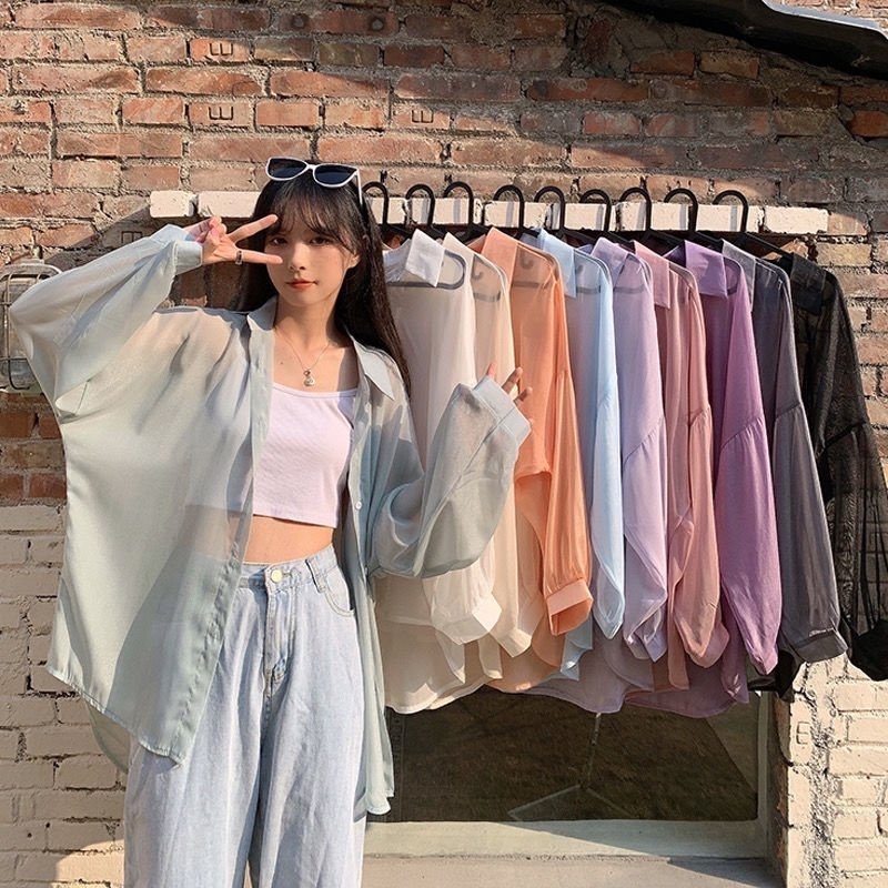 Áo sơ mi nữ voan mỏng dáng dài from rộng khoác ngoài đi biển , áo sơ mi nữ khoác ngoài voan mỏng đi biển oversize