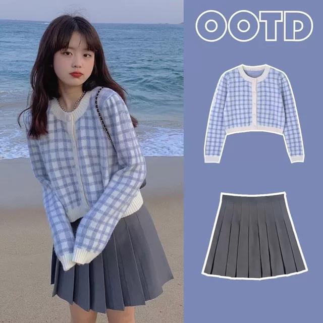 Áo cardigan len nữ lông thỏ croptop Quảng châu hot tiktok douyin trending ô vuông bàn cờ phong cách Hàn Quốc Kozoda AC33