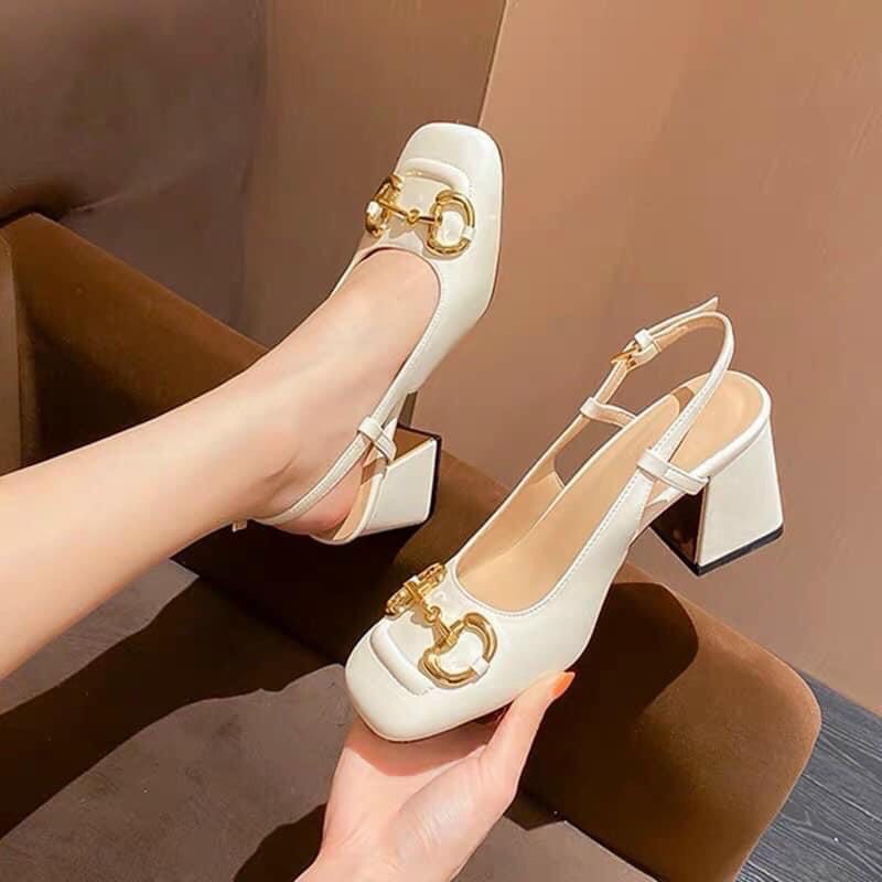 Giày cao gót vuông bít mũi gắn khóa cao 7 phân cao cấp,Sandal cao gót bít mũi cao 7 phân cao cấp