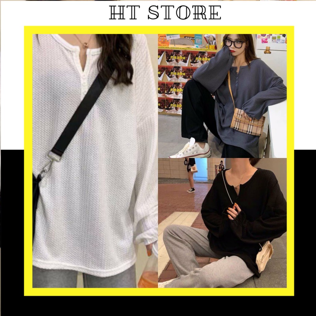Áo Thun Trơn nữ Tay Bo Cổ V Tròn Cúc Cài 3 Màu Đen Trắng Ghi - HT STORE