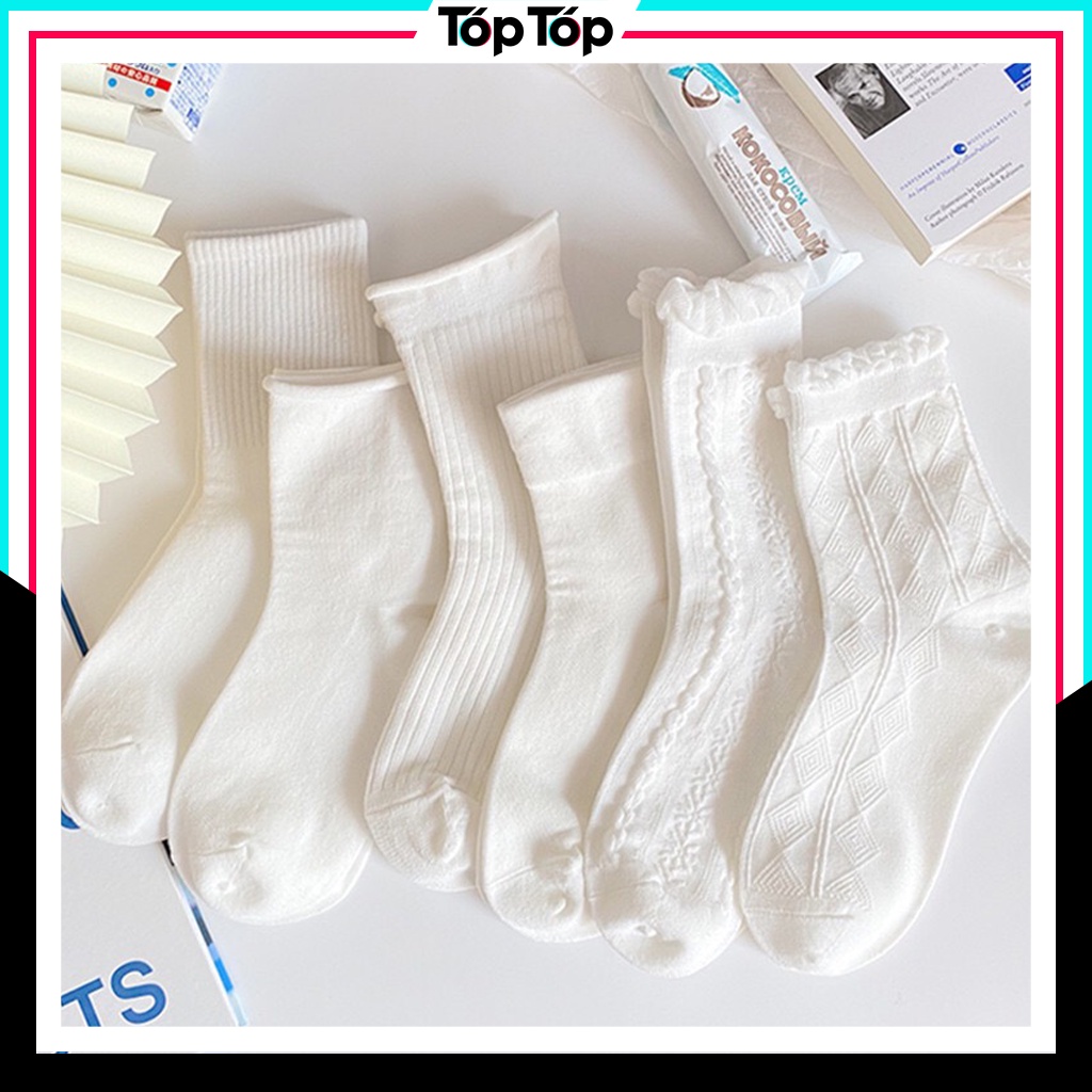Tất nữ cổ cao họa tiết trắng tinh khôi, vớ nữ cổ cao nhiều mẫu