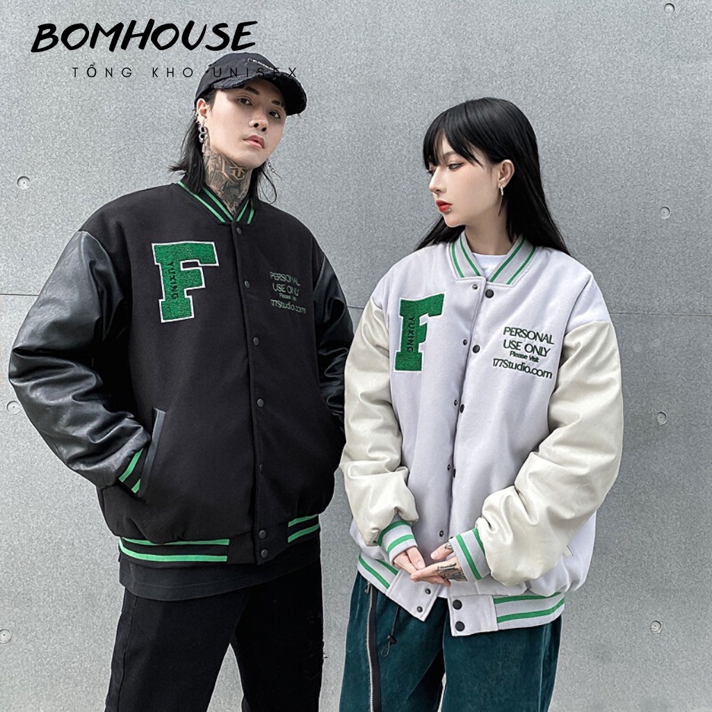 Áo Khoác Bomber Varsity Jacket BOM HOUSE Nam Nữ Chất Liệu Kaki Phối Tay Da Áo 2 Lớp Logo Thêu
