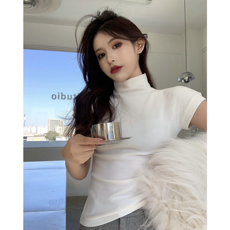 QKOOLE Áo thun cotton tay ngắn cổ cao phong cách Hàn Quốc cho nữ