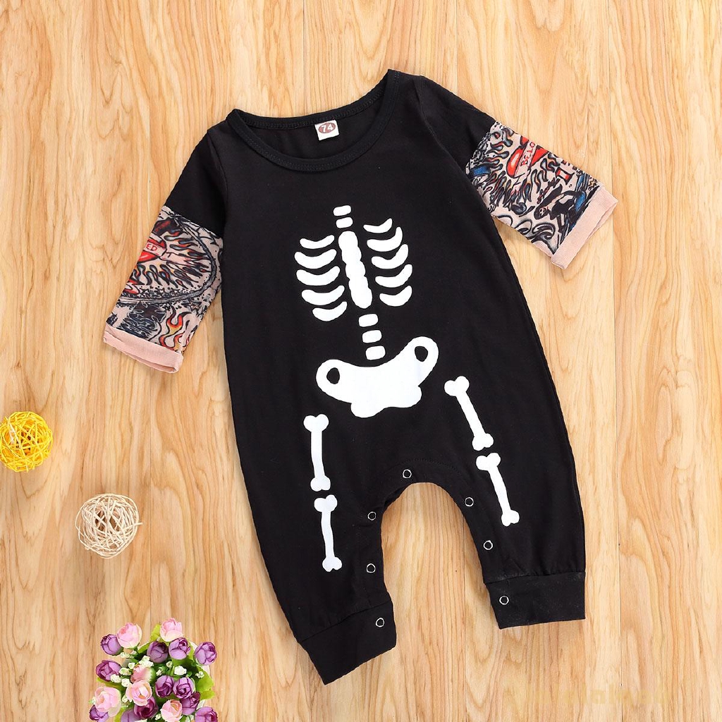 Jumpsuit Tay Ngắn Cổ Tròn Hoạ Tiết Hình Xăm Phong Cách Halloween Cho Bé