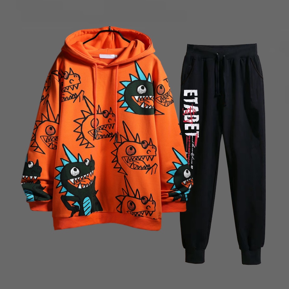 Set Bộ 2 Món Quần Dài + Áo Hoodie Nón Nam Chất Vải Nỉ CB2_WAH093NI_MQU081NIDEF6 (Khủng Long Cười + Etadet)