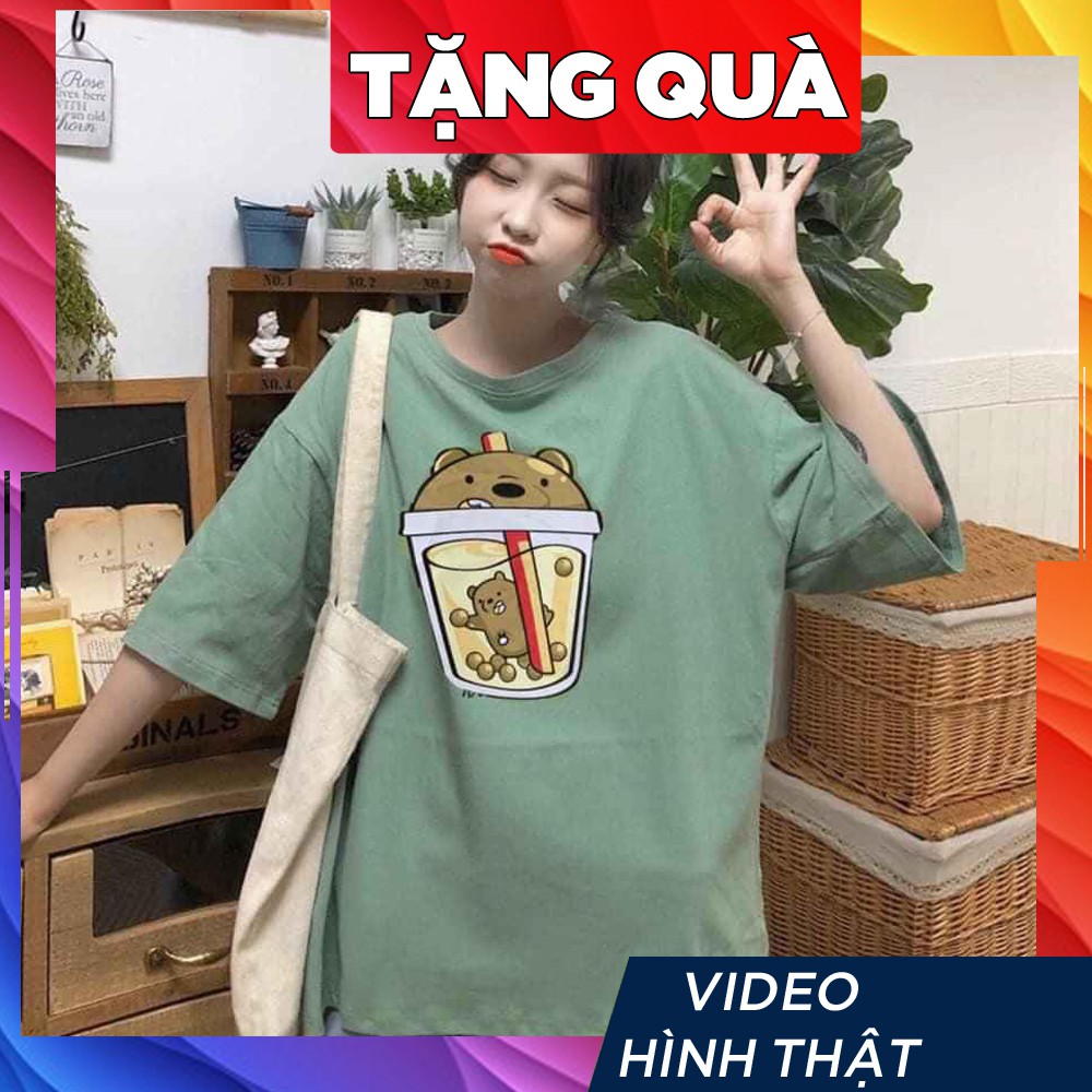 Áo thun tay lỡ freesize nữ phông form rộng Unisex mặc cặp, nhóm, lớp in ly TRÀ SỮA hình con GẤU | BigBuy360 - bigbuy360.vn