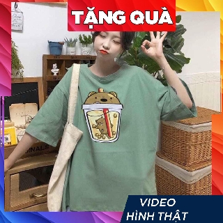 Áo thun tay lỡ freesize nữ phông form rộng Unisex mặc cặp - Áo Thun In hình TRÀ SỮA hình con GẤU