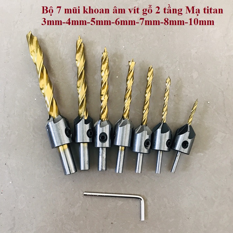 Bộ 7 mũi khoan âm vít gỗ 2 tầng phủ Titanium kích thước 3mm đến 10mm