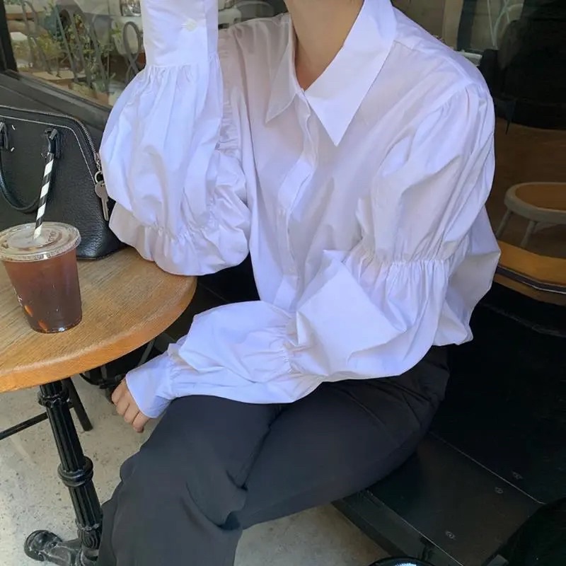 Áo Sơ Mi Trắng Tay Bồng Nữ Tiểu Thư Cổ Bẻ Dài Tay Cài Cúc Dáng Công Sở Bánh Bèo Style Hàn Quốc Chất Đẹp Dễ Mix Đồ