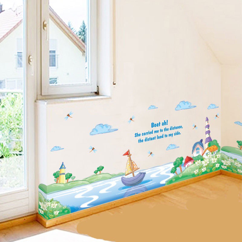 Decal dán tường chân tường thuyền buồm ( 1m1*20cm)