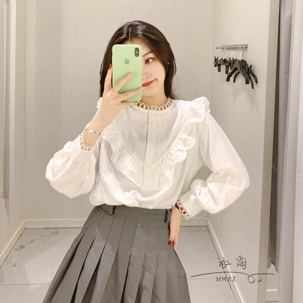 Áo sơ mi trắng cổ bèo phối ren  tay dài , áo sơ mi trắng cổ bèo  phối ren dài tay babydoll cổ vòng