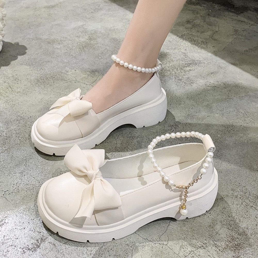 Giày MWC 2273 - Giày Lolita Nữ Quai Ngọc Mũi Đính Nơ, Giày Búp Bê Đế Cao Phong Cách Hàn Quốc