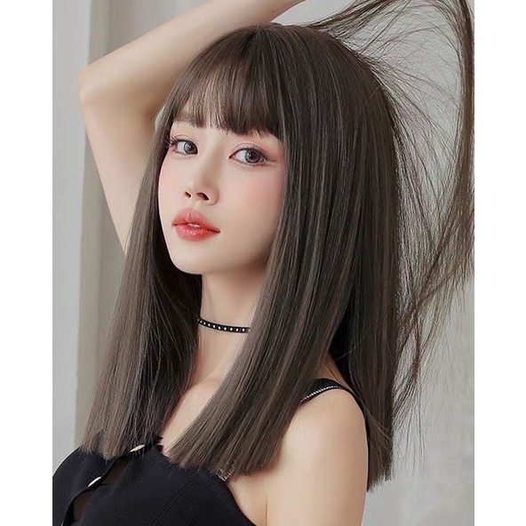 Tóc giả cả đầu thẳng ngắn 35cm phong cách Hàn Quốc tặng lưới đội