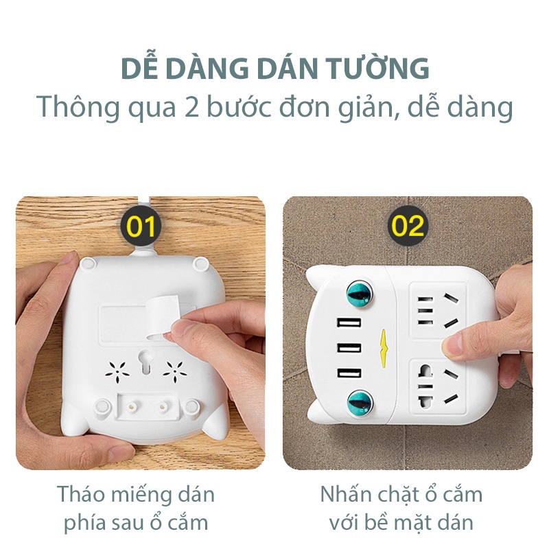 Ổ cắm điện đa năng JIASHI dán tường hình mèo cute, 3 cổng USB, 6 ổ cắm chống giật thông minh dây dài 1,8m - OCD02