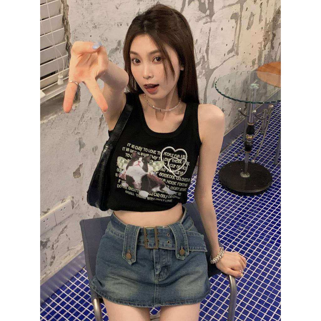 64018 Áo Yếm Mỏng Vừa Vặn In Hình Mèo