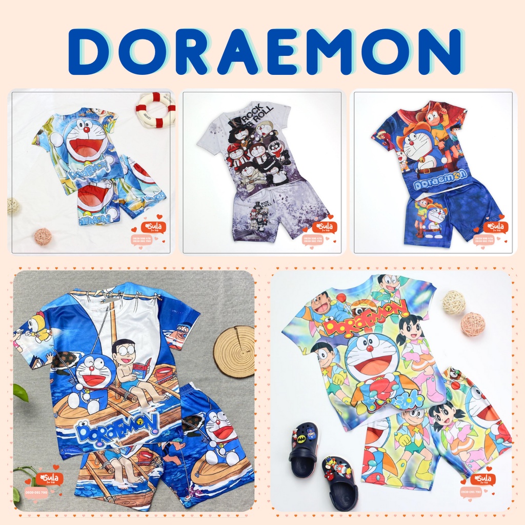 Bộ Tay Ngắn 5 mẫu Doraemon cho Bé (10-40kg) Thun lạnh 3D Cao Cấp