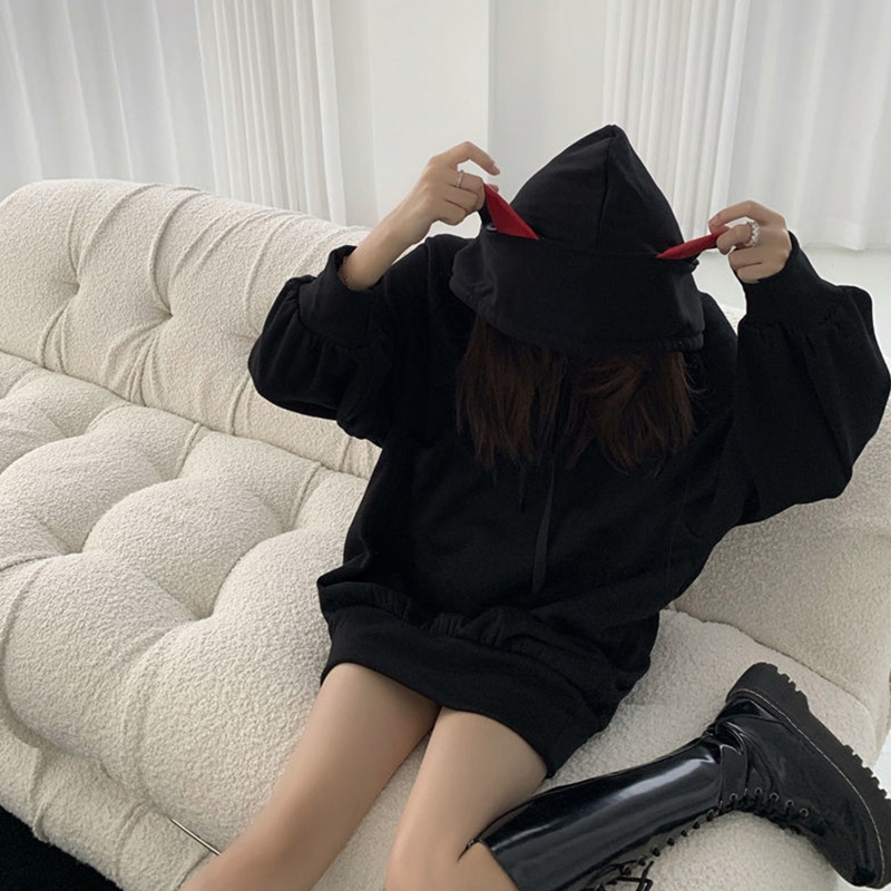 Áo Hoodie Tay Dài Dáng Rộng Phối Dây Rút Đính Tai Mèo Phong Cách Gothic Dễ Thương Cho Nữ