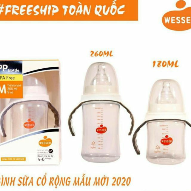 Bình sữa Wesser cổ rộng PP Bottle kháng khuẩn 180ml/ 260ml