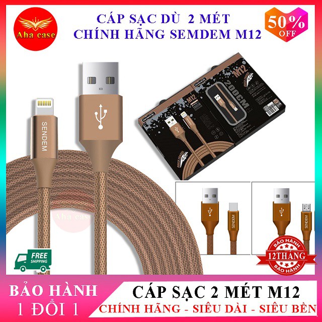 Cáp Sạc Dù 2M Sendem M12 hỗ trợ sạc nhanh SIÊU DÀI - SIÊU BỀN -CHÍNH HÃNG ✓Cáp Iphone, Android, Type C