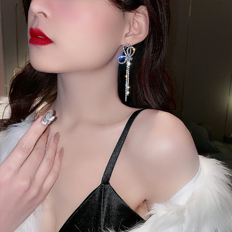 Hoa Tai Dáng Dài Đính Đá Nhân Tạo Phong Cách Hàn Quốc Thời Trang