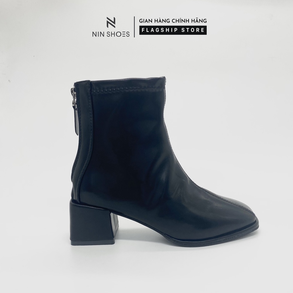 Giày Boot nữ 3p gót vuông chỉ gchéo kéo khóa sau da si Ninshoes | BigBuy360 - bigbuy360.vn