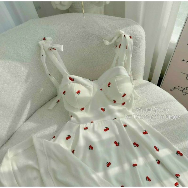 Đầm 2S họa tiết cherry nhí kèm áo khoác gân phong cách Hàn Quốc