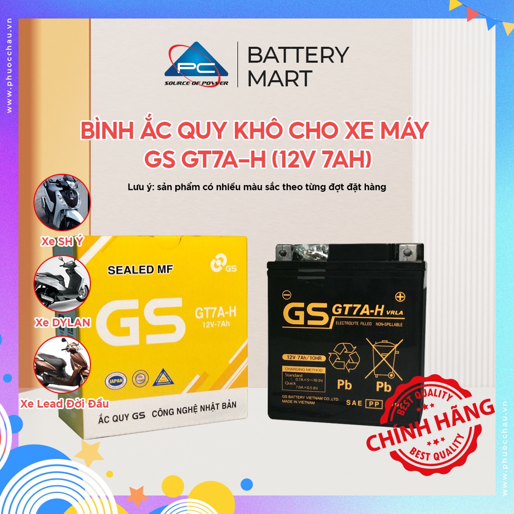 Bình Ắc Quy Khô Hiệu GS cho xe máy Honda SH Ý, DYLAN, @, PS, Lead cũ, Vespa mới, Piaggio ZIP,   12V-7Ah