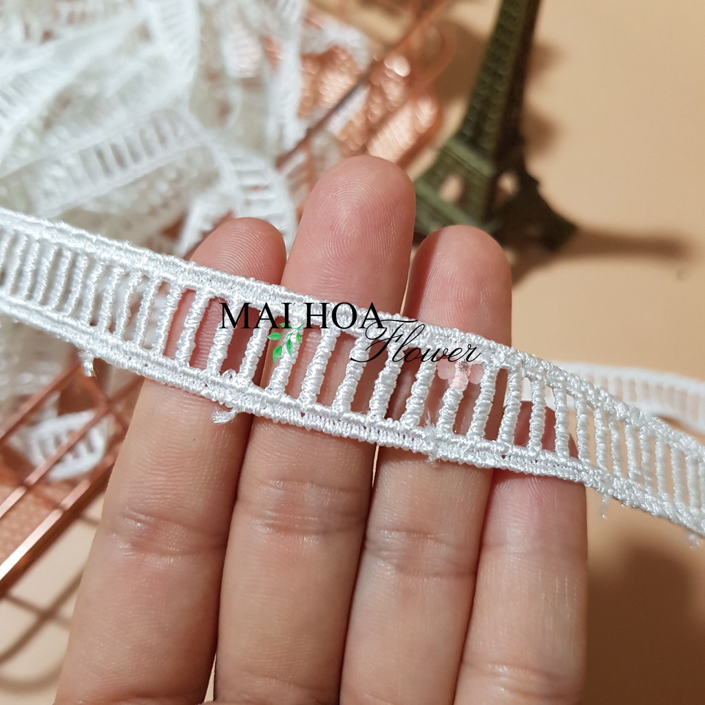 RC15 Cuộn 20 mét ren viền váy áo ren chỉ trắng hình thang dùng may đồ rộng 1.5cm Maihoaflower
