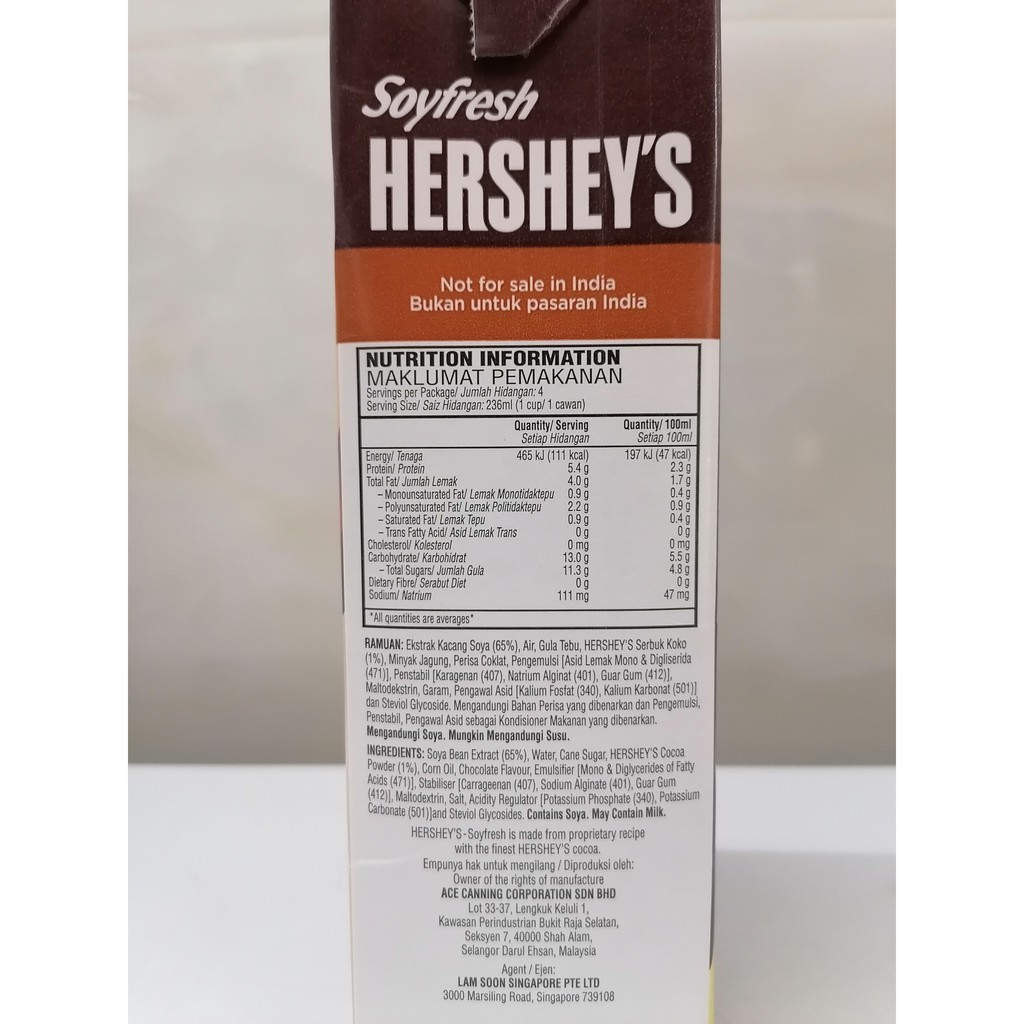 [Hộp 946ml – CHOCOLATE] SỮA ĐẬU NÀNH SÔ CÔ LA [Malaysia] HERSHEY’S Soyfresh Chocolate Flavoured Soya Milk (halal) (hty-h