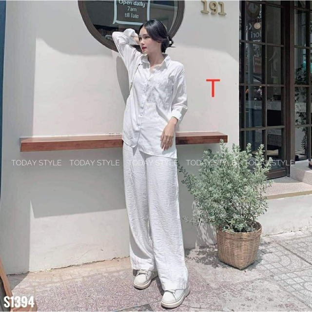 Sét bộ áo sơ mi trơn+quần đũi rộng TTB877