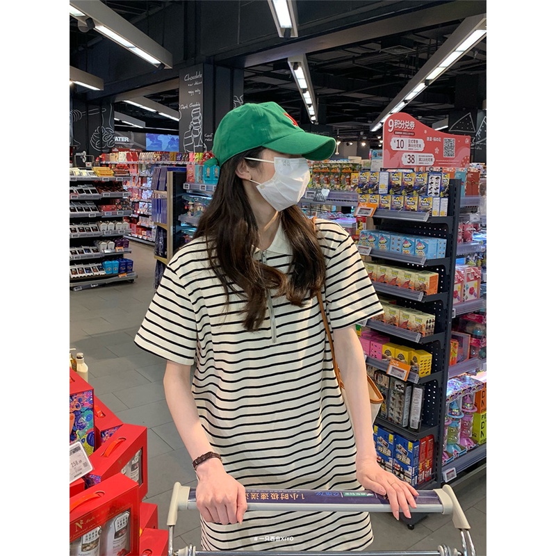 Đầm polo XIAOZHAINV ngắn tay kẻ sọc phong cách Hàn Quốc thời trang hè cho nữ