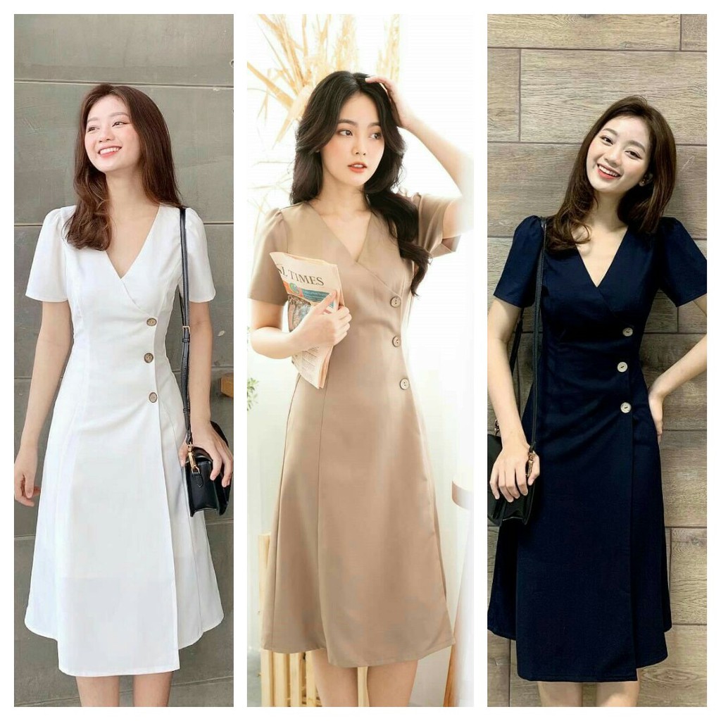 Đầm công sở vạt chéo nút gỗ xinh xắn [KÈM ẢNH THẬT]