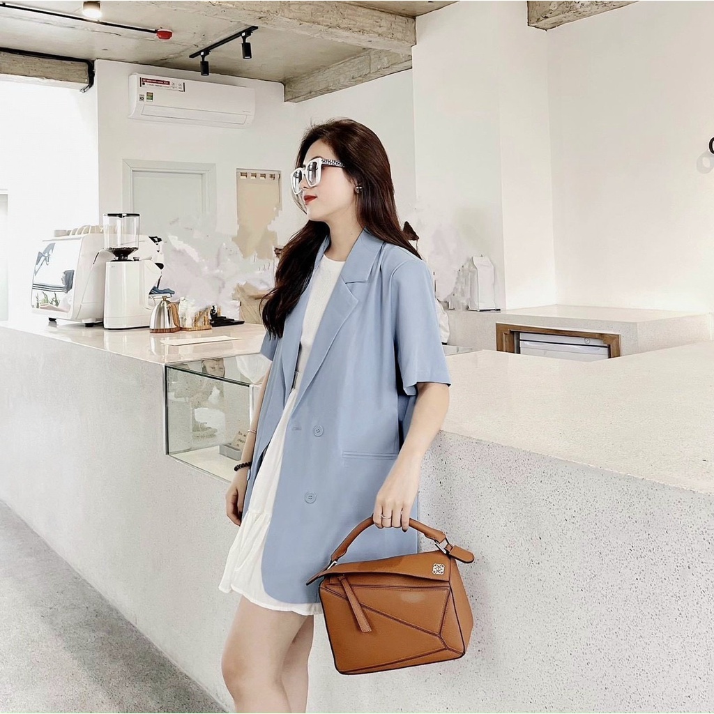 Áo vest blazer ngắn tay dáng suông túi nắp 4 cúc có đệm vai 1 lớp mặc mùa hè 100 | BigBuy360 - bigbuy360.vn