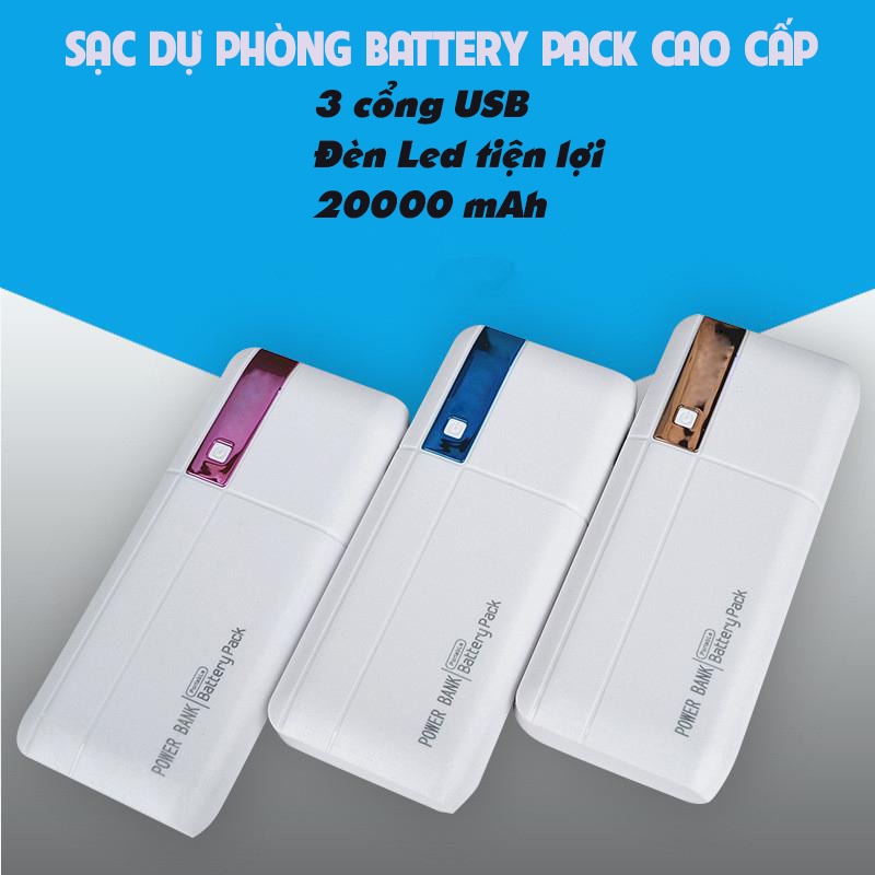 Sạc Dự Phòng Battery Pack 20000mAh Cao Cấp Màu Trắng Sang Trọng 3 Cổng USB Kèm Đèn Led Tiện Lợi