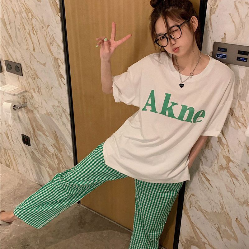 Jiashucheng Quần Dài Mặc Ở Nhà Dáng Rộng Kẻ Sọc Ca Rô Màu Xanh Lá Thời Trang Mùa Hè Cho Nữ