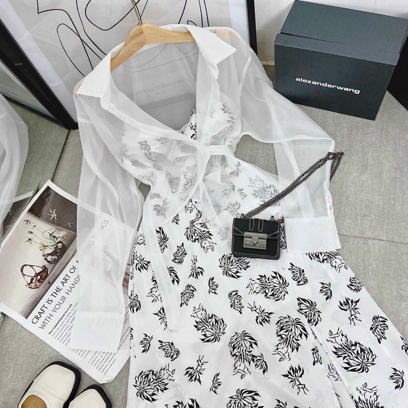 [HCM] Đầm Nữ 2 Dây MIDI Kèm Khoác Voan Họa Tiết Cao Cấp Thời Trang Nữ Sam Closet Free Size 40-55kg