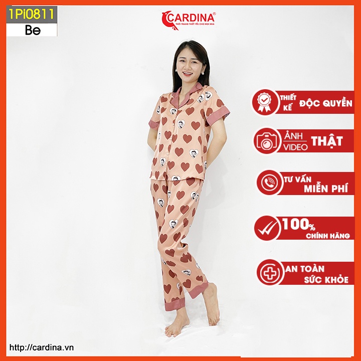 Đồ bộ pijama nữ CARDINA chất lụa satin Nhật cao cấp quần dài áo cộc tay họa tiết tinh tế trẻ trung 1Pi08.