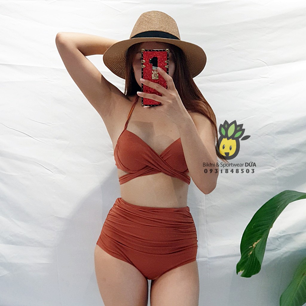 Bikini 2 mảnh cạp cao màu cam đất che bụng | BigBuy360 - bigbuy360.vn