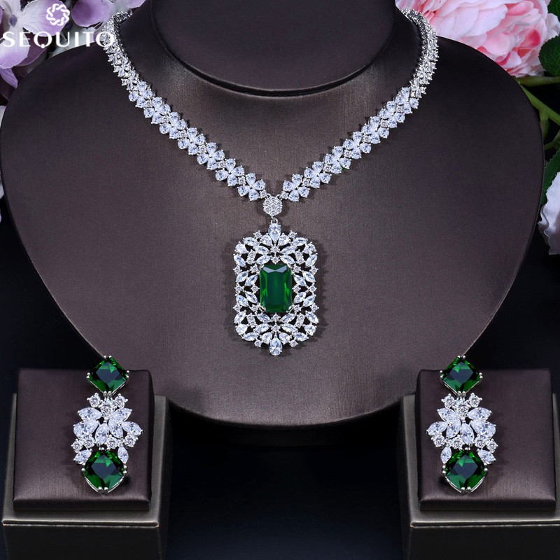 Sequito Bộ Vòng cổ + Bông Tai Đính Đá Zircon Hình Vuông Màu Xanh Lá Cây Đẹp Mắt js046