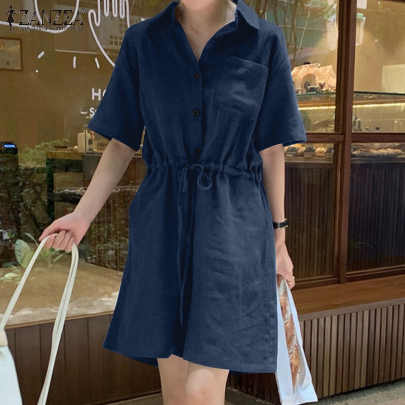 Áo liền quần ZANZEA tay ngắn dáng rộng màu trơn phối dây rút phong cách thời trang dạo phố cho nữ