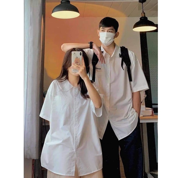 Áo sơ mi trắng / xanh học sinh cổ sen form rộng