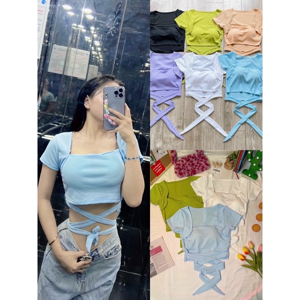 ÁO CROPTOP TAY NGẮN THUN GÂN CỘT EO NHIỀU MÀU- CHIZISHOP