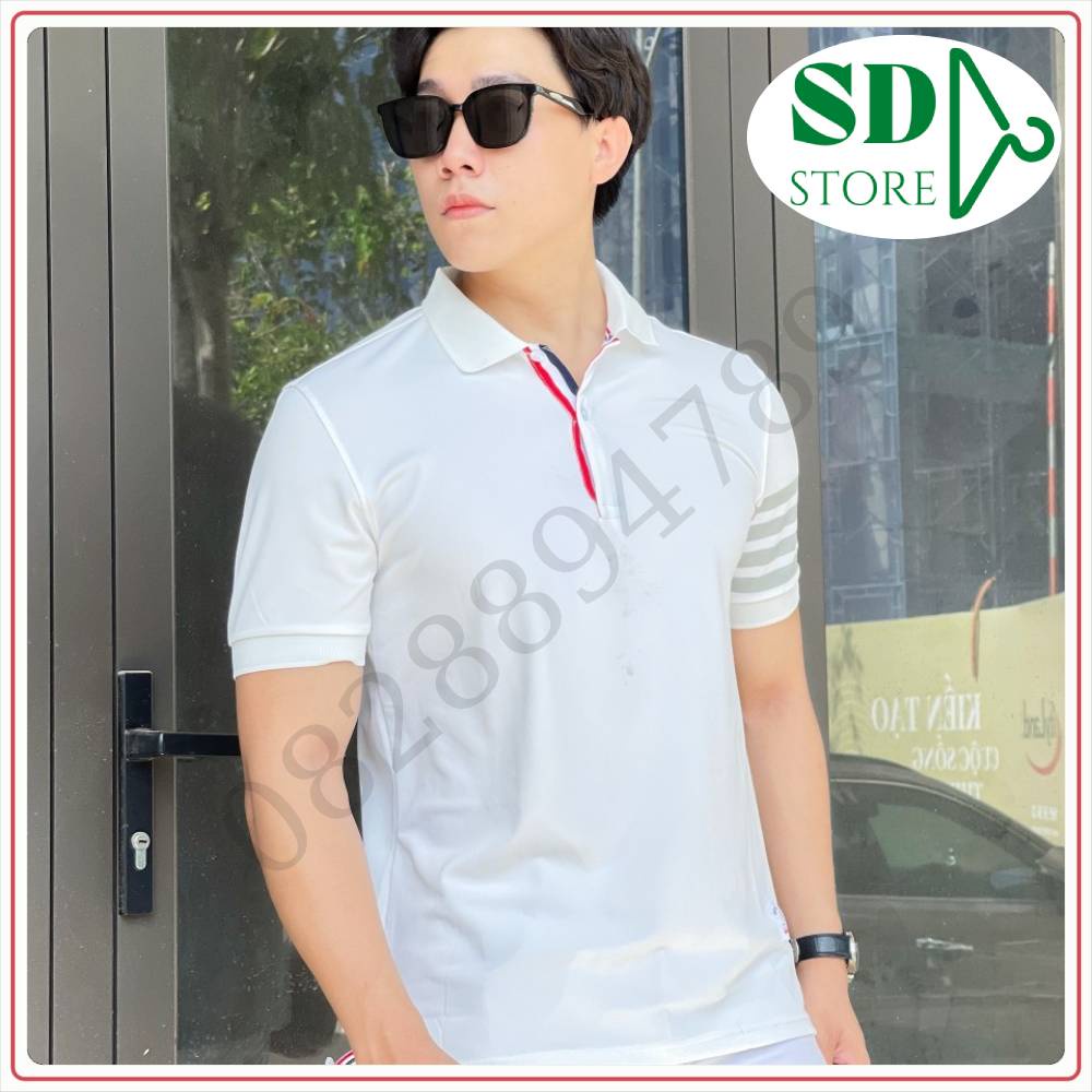 Áo polo nam đen trắng phối kẻ sọc tay đơn giản, năng động, chất vải đẹp