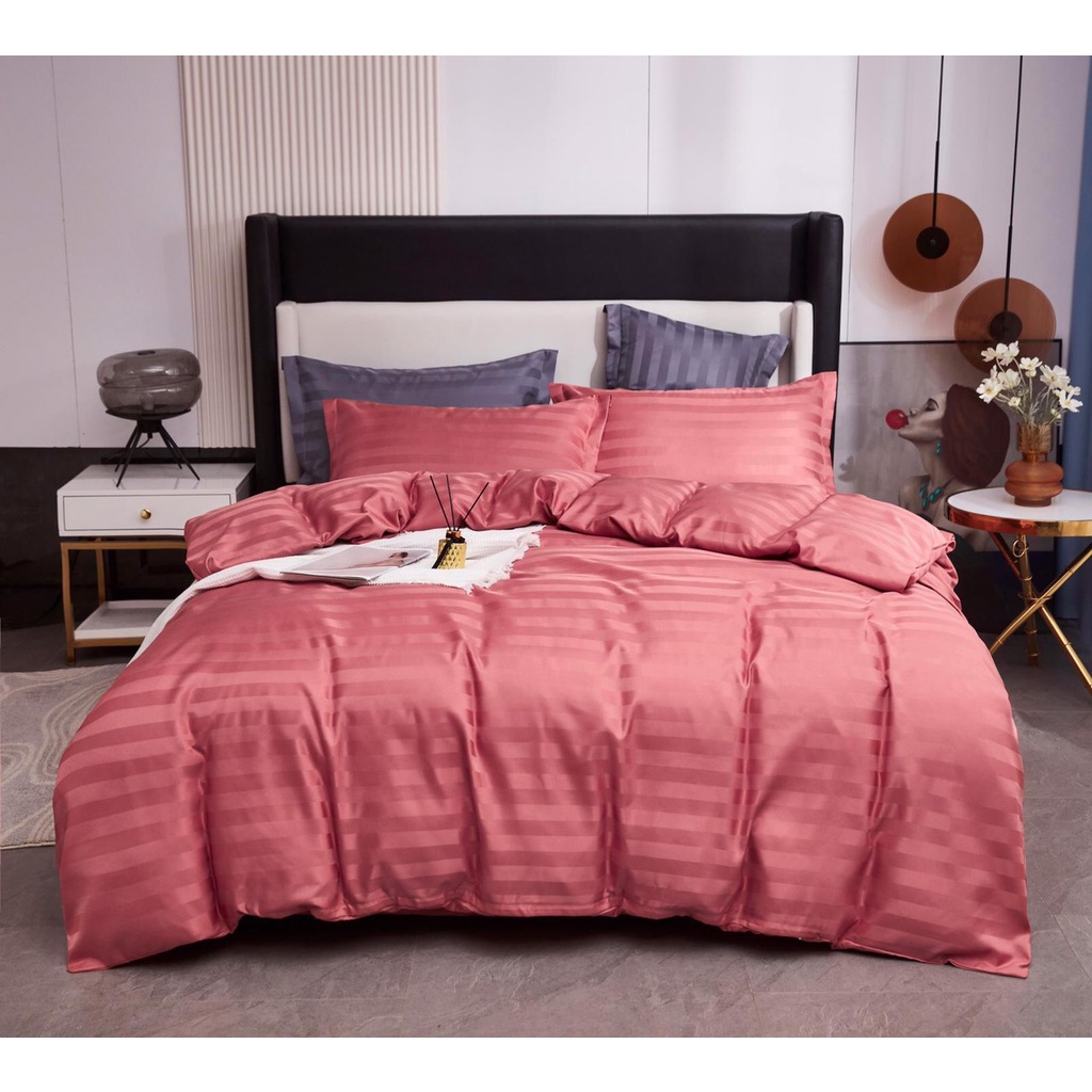 Bộ Chăn Ga Gối Cotton Lụa Sọc 3F Cao Cấp Khách Sạn, Decor phòng ngủ 5 món ( 1 mền+1 Ga bọc+1 áo ôm+2 áo nằm)