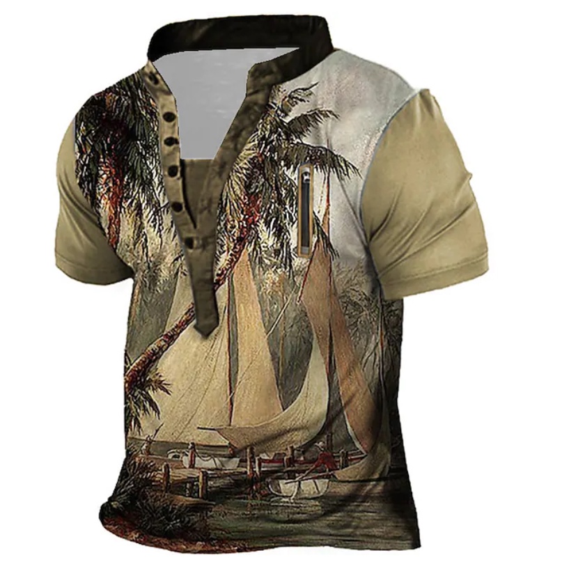Áo Thun Tay Ngắn Cổ Đứng Cài Nút In Họa Tiết Henley 3D Thời Trang Mùa Hè Cho Nam