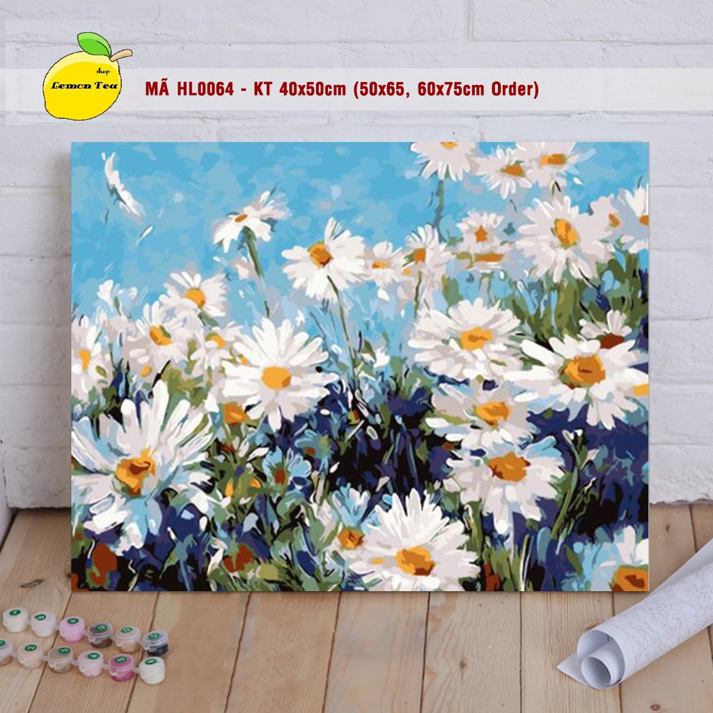 Tranh tô màu số hóa LEMON TEA SHOP phong cảnh - "HOA CÚC TRẮNG" Đã Căng Khung khổ 40x50cm